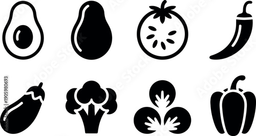 Collection of eight simplified black silhouette icons representing various healthy fresh vegetables isolated on transparent background