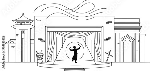 A person using a traditional loom to weave fabric in a historical or cultural setting