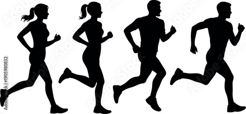Silhouettes of four athletic individuals running in motion isolated on a white background illustrating diverse genders and fitness pursuits