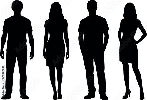 Silhouettes of two men and two women standing together isolated on transparent background