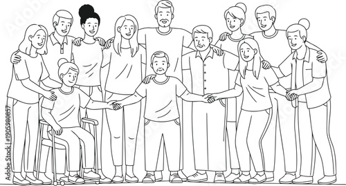 Black and white illustration of diverse group of people in a casual gathering