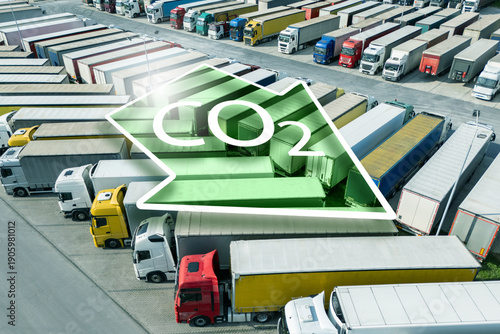 Fotografie Fleet of trucks with CO2 emission reduction symbol