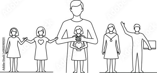 Group of five people standing together in a line outdoors