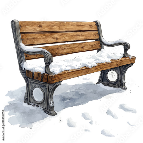 Snow-covered Bench Park, watercolor clipart vector, isolated on a white background.