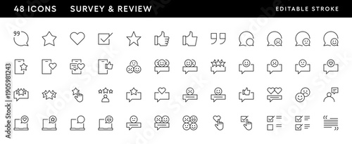 Survey icons. Review icon set. Satisfaction, rating, message, testimonial, comment, response, opinion and more. Editable stroke. Pixel Perfect. Grid base 32 x 32.