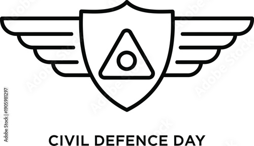 Symbolic emblem representing civil defence day with wings and a triangular badge.