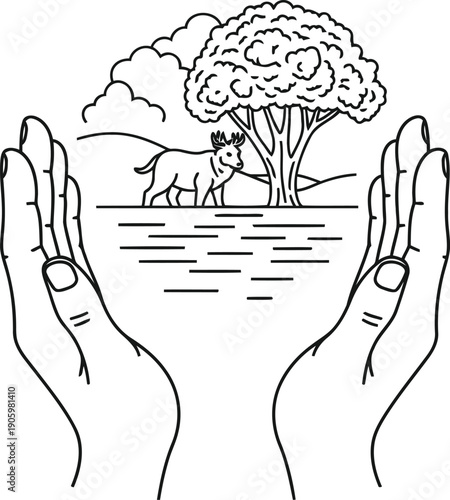 Hands cradling a miniature globe with trees and water symbolizing environmental care.
