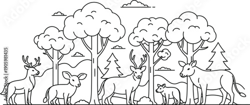 Group of animals gathered near a cluster of tall trees in a forest setting