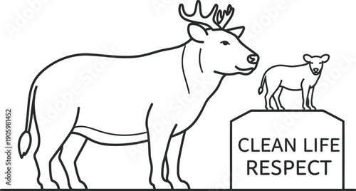 A cow promoting clean living and respect for nature in a simple illustration.