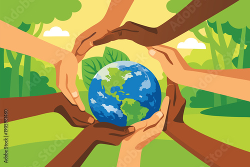 Multiple hands of different ethnicities holding and protecting planet earth.