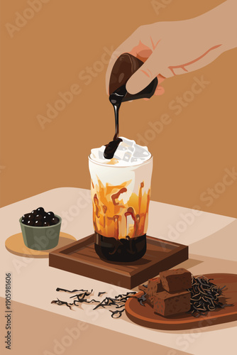 Syrup being poured into a tall glass of iced coffee with milk.