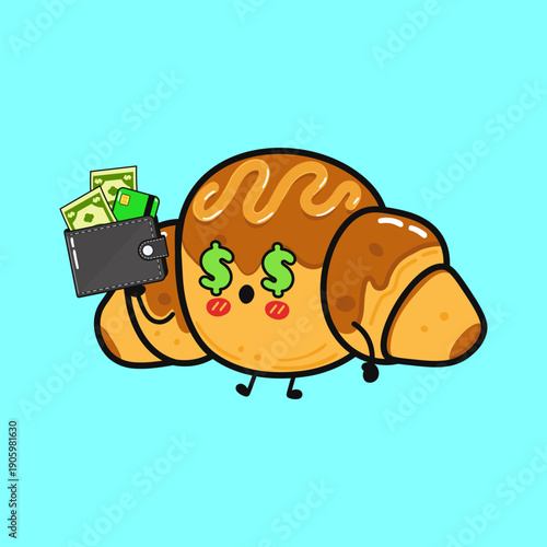 Croissant mascot holding wallet with money and dollar signs for eyes