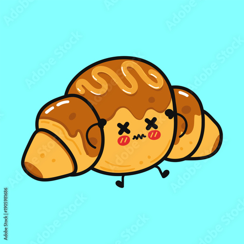 Cute dizzy confused croissant cartoon character illustration