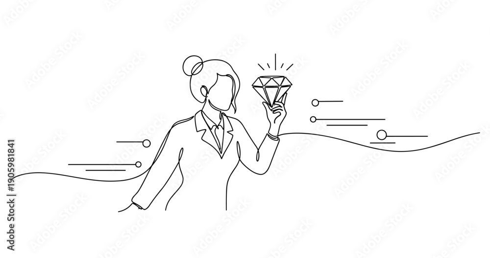 Obraz premium Line art of female holding diamond: elegant minimalist design with business suit. None editable stroke
