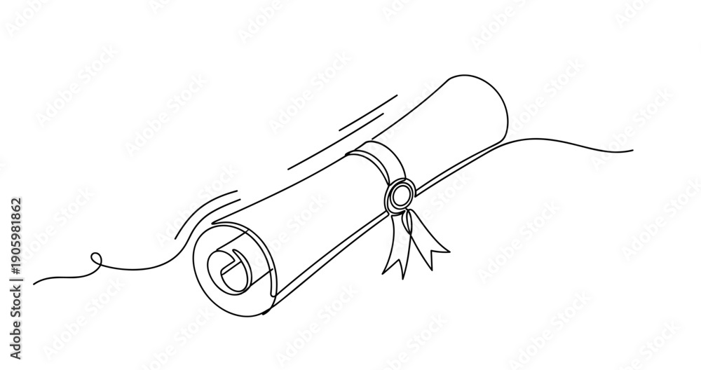 Obraz premium Simple line art of a rolled up certificate with ribbon. None editable stroke