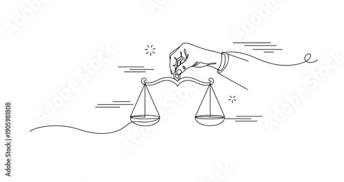 Hand holding scales of justice line art illustration with abstract details. None editable stroke