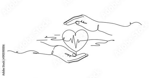 Continuous line drawing of hands holding heart symbolizing health and care. None editable stroke