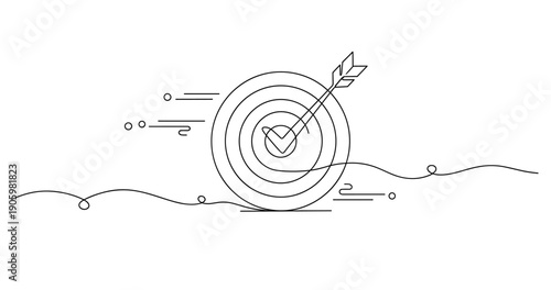 Minimalist line drawing of arrow hitting bullseye on target with abstract swirls. None editable stroke