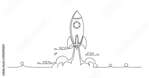 Minimalistic rocket launch line art with cloud plumes and sky elements. None editable stroke