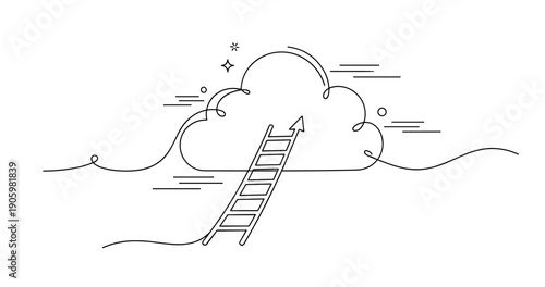 Ladder reaching cloud: symbol of aspiration, success, and ambition in minimalist line art. None editable stroke