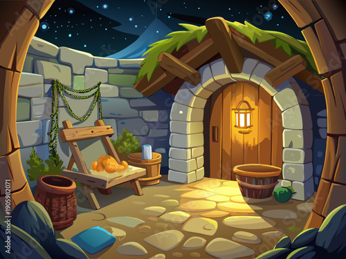 Inside a humble cellar with an empty wooden manger that symbolizes the birth of Jesus Christ, the scene of a quiet rural Jesus with the soft light of the sacred space