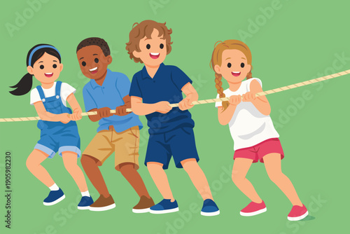 Group of diverse children playing tug of war on a green field.