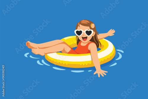 Young girl floating on a yellow inner tube in a swimming pool.