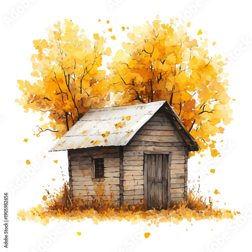 Rustic Barn Fall Landscape, watercolor drawing vector, isolated on a white background.
