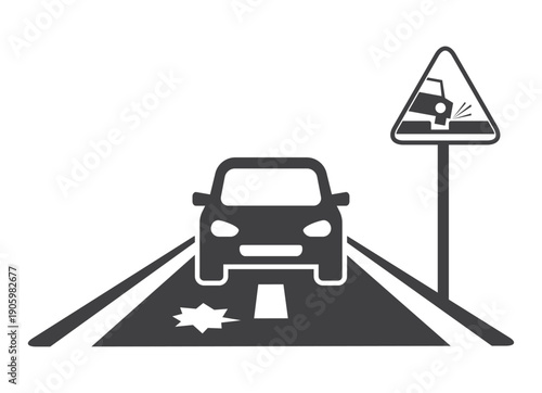car driving on bad road with sign icon