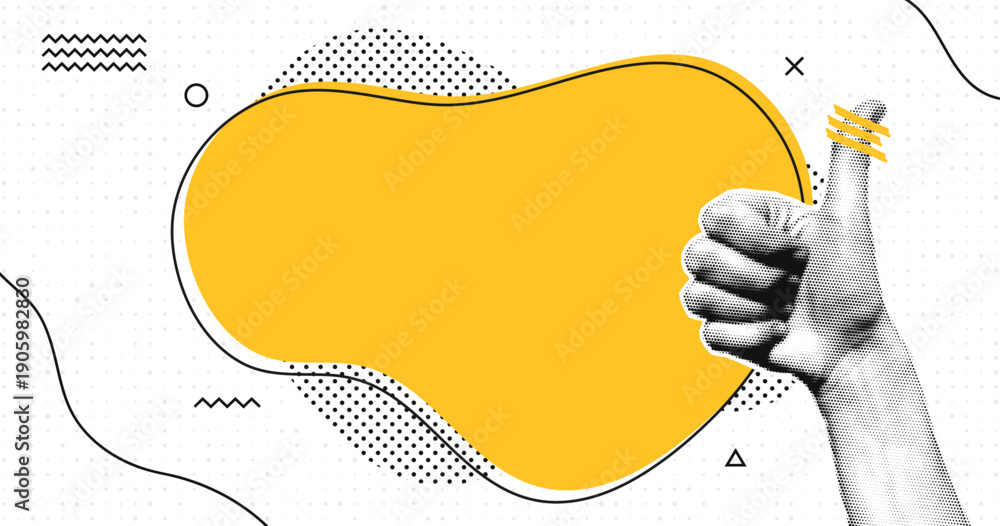 Naklejka premium Halftone collage with human hands and blank speech bubble. Thumbs up gesture at speech bubble. Pop art halftone style for quotes, questions, announcements, news and social media. Vector