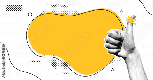 Halftone collage with human hands and blank speech bubble. Thumbs up gesture at speech bubble. Pop art halftone style for quotes, questions, announcements, news and social media. Vector