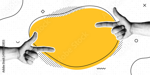 Halftone collage with human hands and blank speech bubble. Index finger pointing at speech bubble. Pop art halftone style for conversation, questions, announcements, news and social media. Vector