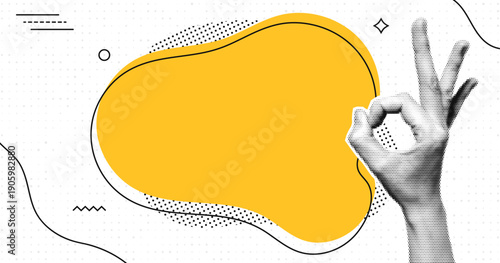 Halftone collage with human hands and blank speech bubble. OK gesture at speech bubble. Pop art halftone style for quotes, messages, announcements, news and social media. Vector