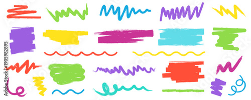 Colorful chalk lines, doodle scribbles, and squiggles. Collection of pen, brush, pencil and crayon strokes with texture. Curly lines, scrawls, and playful brush marks. Vector