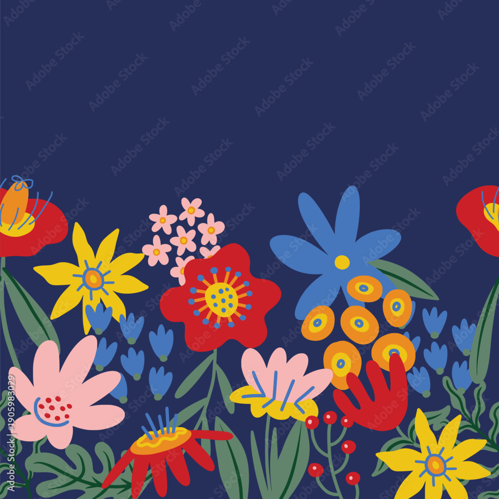 Fototapeta premium Colorful flowers border vector pattern with hand drawn folk botanical elements