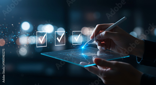 Digital Checklist Being Completed on Futuristic Transparent Screen