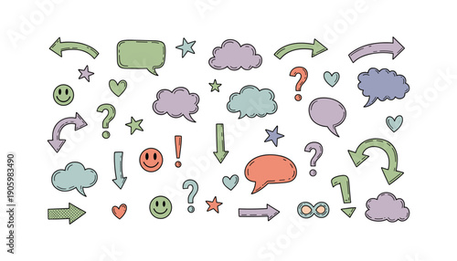 Pastel Colored Hand Drawn Doodle Elements with Arrows Clouds Hearts and Smiley Faces