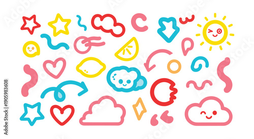 Vibrant Hand- Drawn Shapes and Icons in Bright Colors with Smiley Faces and Clouds on White Background