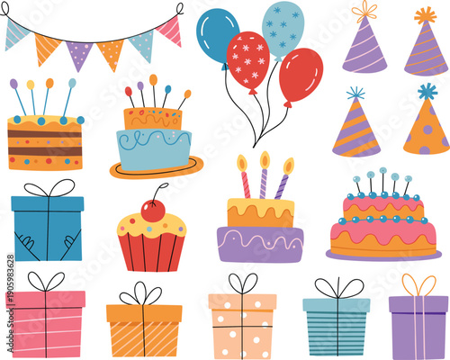 Birthday party illustration set with cakes balloons gifts and decorations, colorful cute celebration vector collection