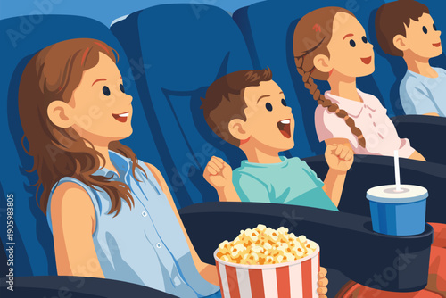 Audience of children and mother watching an exciting movie in the cinema.