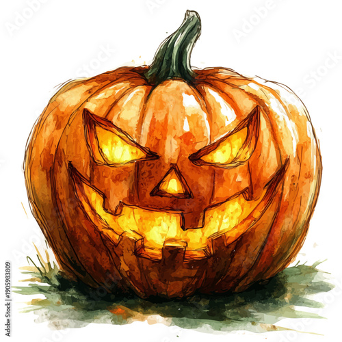 Pumpkin Lantern Glowing, watercolor clipart vector, isolated on a white background.