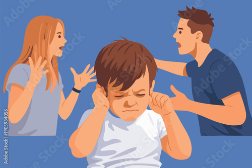Child covering his ears while parents are arguing and shouting behind him.