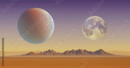 Realistic vector illustration of science fiction planet with dark blue, purple, yellow and orange clear sky with two rocky moons, sand and rock barren surface and rocky mountains in the distance