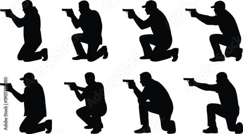 Armed man silhouette set, tactical shooter aiming handgun in kneeling positions collection, police military security combat poses isolated on white background