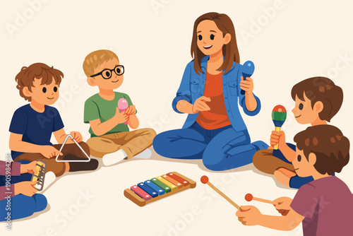 Group of small children playing musical instruments together with a teacher in a classroom.