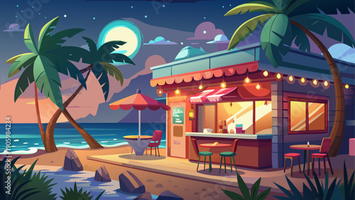 Cartoon vector of a quiet coastal cafe at night with neon sign warm light reflections on sand calm sea and flat minimal design