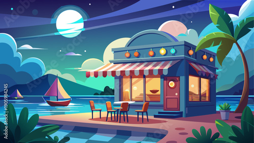 Cartoon vector of a seaside cafe at night under moonlight with soft neon accents calm waves and clean flat design