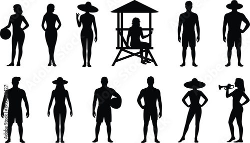 Beach lifeguard silhouettes set, male and female summer rescue team characters with lifeguard tower, megaphone and ball isolated on white background