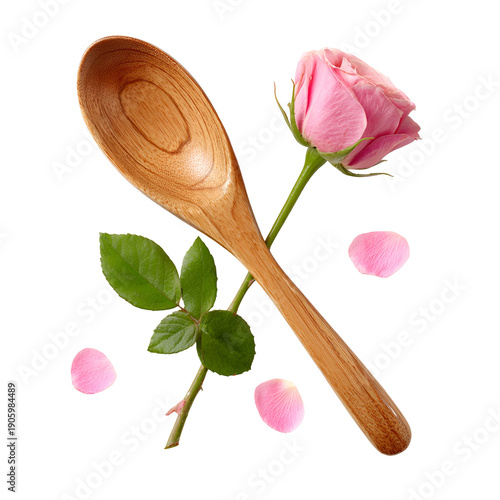 pink rose on wooden spoon