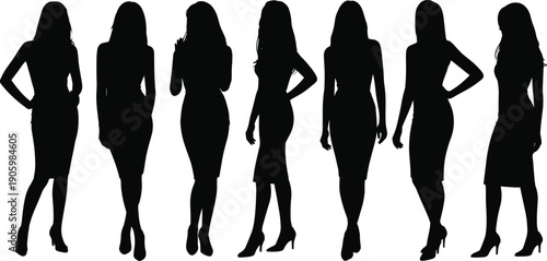 Beautiful women silhouette collection in different standing poses, elegant female fashion models isolated on white background for design and advertising use